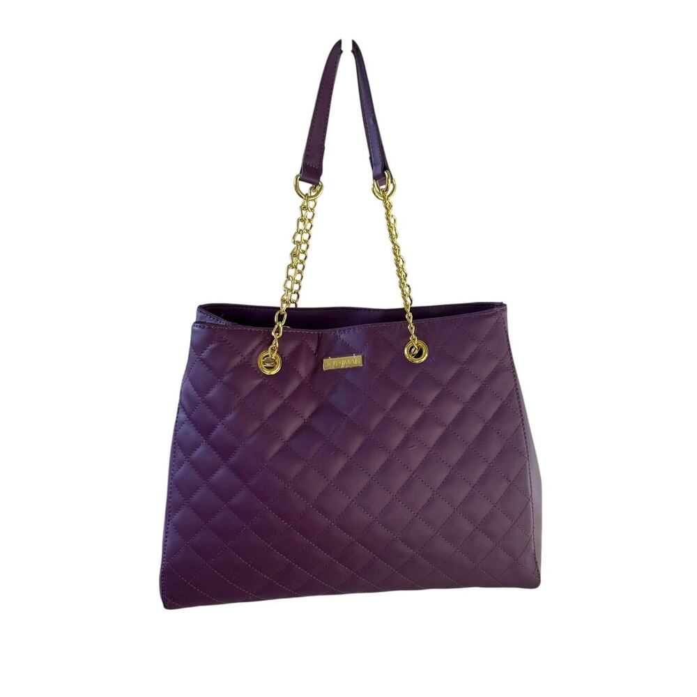 JOY & IMAN Genuine Leather Diamond Quilted Satchel Eggplant Purple Chain Tote